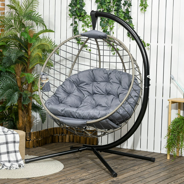PE Rattan Swing Chair, Outdoor Hanging Chair with Metal Stand, Thick Padded Cushion, Foldable Basket and Cup Holder, for Indoor and Outdoor, Grey