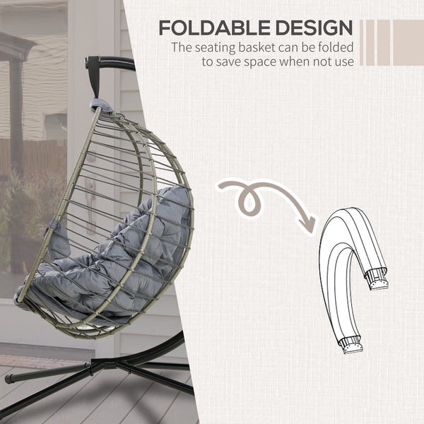 PE Rattan Swing Chair, Outdoor Hanging Chair with Metal Stand, Thick Padded Cushion, Foldable Basket and Cup Holder, for Indoor and Outdoor, Grey