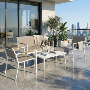 4 Seater Garden Furniture Set with Loveseat, 2 Armchairs, Metal-Top Table, Metal Garden Sofa Set with Breathable Mesh Seats, Outdoor Furniture Conversation Sets, Khaki