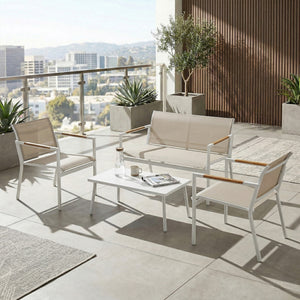 4 Seater Garden Furniture Set with Loveseat, 2 Armchairs, Metal-Top Table, Metal Garden Sofa Set with Breathable Mesh Seats, Outdoor Furniture Conversation Sets, Khaki