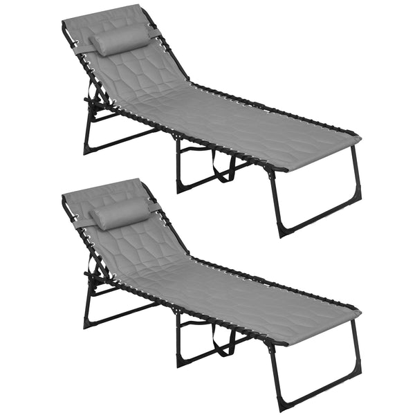 Outsunny Folding Chaise Lounge Set of 2 with 5-level Reclining Back, Outdoor Lounge Tanning Chair with Padded Seat, Side Pocket & Headrest for Beach, Yard, Patio, Gray