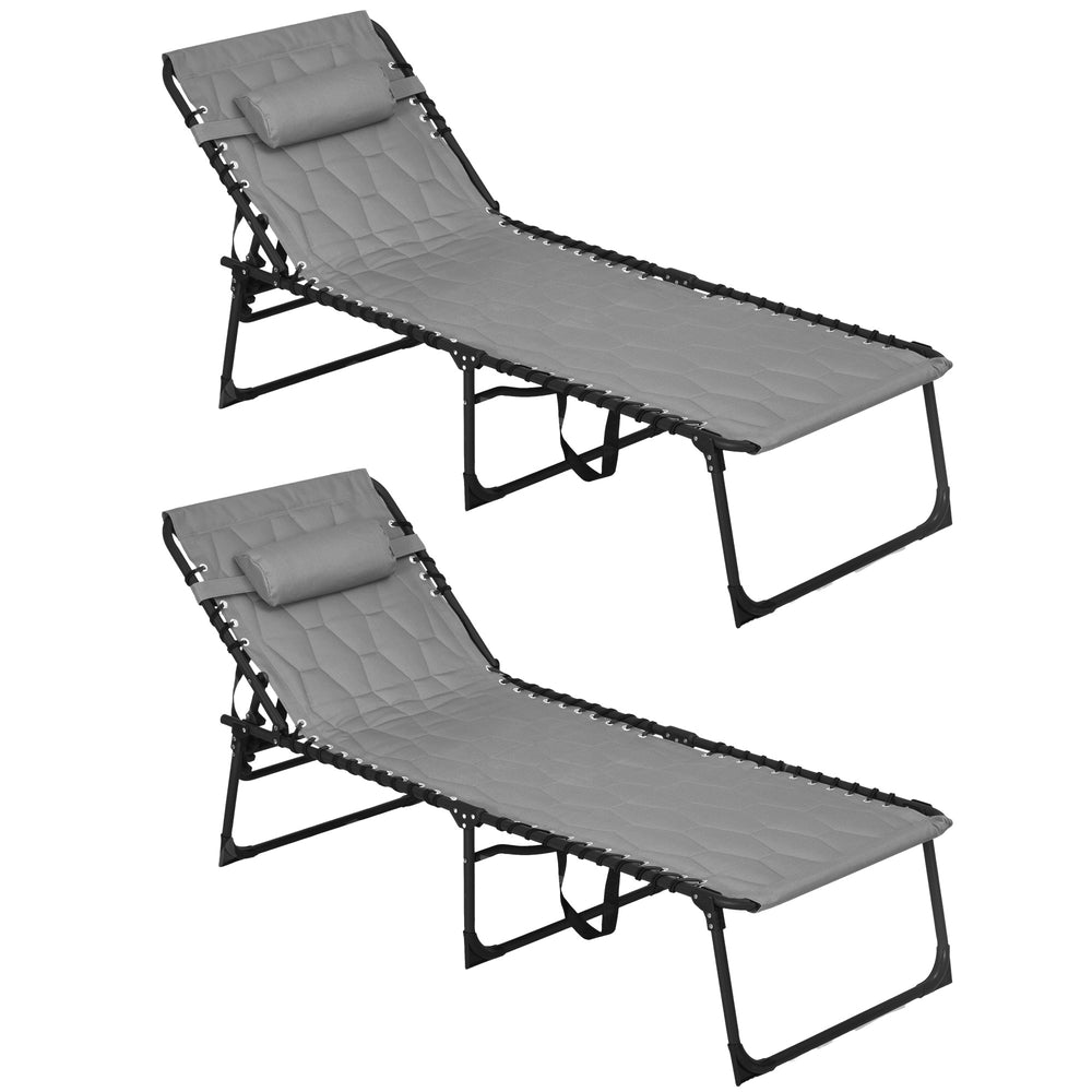 Outsunny Folding Chaise Lounge Set of 2 with 5-level Reclining Back, Outdoor Lounge Tanning Chair with Padded Seat, Side Pocket & Headrest for Beach, Yard, Patio, Gray