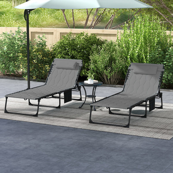 Outsunny Folding Chaise Lounge Set of 2 with 5-level Reclining Back, Outdoor Lounge Tanning Chair with Padded Seat, Side Pocket & Headrest for Beach, Yard, Patio, Gray