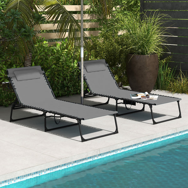 Outsunny Folding Chaise Lounge Set of 2 with 5-level Reclining Back, Outdoor Lounge Tanning Chair with Padded Seat, Side Pocket & Headrest for Beach, Yard, Patio, Gray