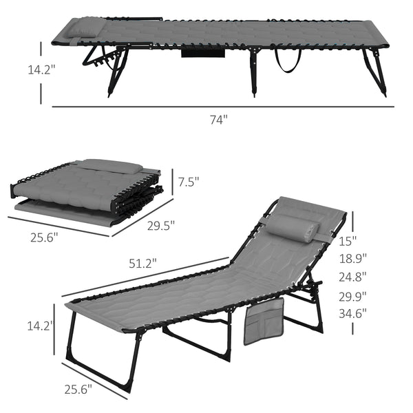 Outsunny Folding Chaise Lounge Set of 2 with 5-level Reclining Back, Outdoor Lounge Tanning Chair with Padded Seat, Side Pocket & Headrest for Beach, Yard, Patio, Gray