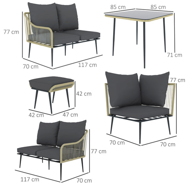 6 Piece Garden Furniture Set, Garden Corner Sofa Set with Thickened Cushions, Outdoor Patio Furniture Set with Glass Top Table, Footstools for Conservatory, Light Grey