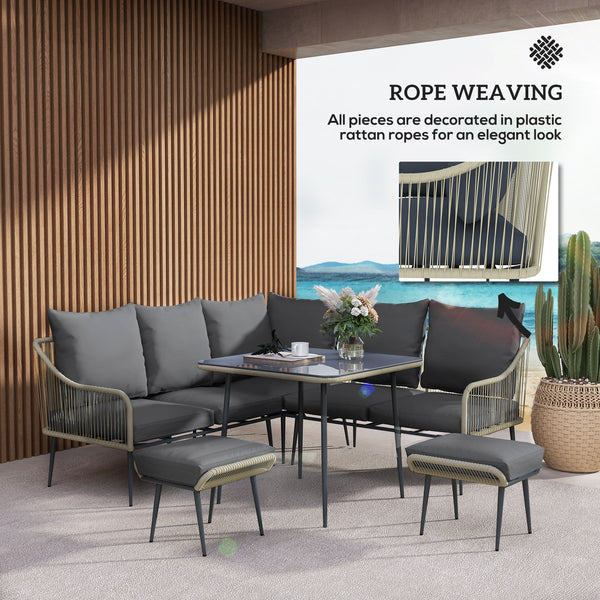 6 Piece Garden Furniture Set, Garden Corner Sofa Set with Thickened Cushions, Outdoor Patio Furniture Set with Glass Top Table, Footstools for Conservatory, Light Grey