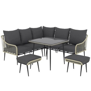 6 Piece Garden Furniture Set, Garden Corner Sofa Set with Thickened Cushions, Outdoor Patio Furniture Set with Glass Top Table, Footstools for Conservatory, Light Grey