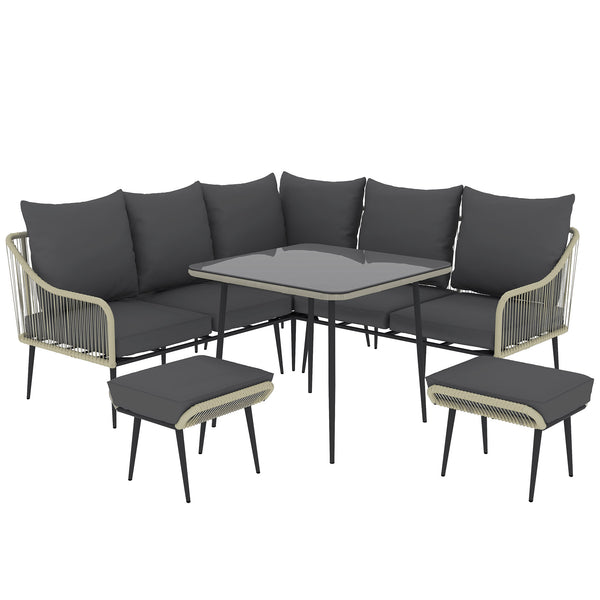 6 Piece Garden Furniture Set, Garden Corner Sofa Set with Thickened Cushions, Outdoor Patio Furniture Set with Glass Top Table, Footstools for Conservatory, Light Grey