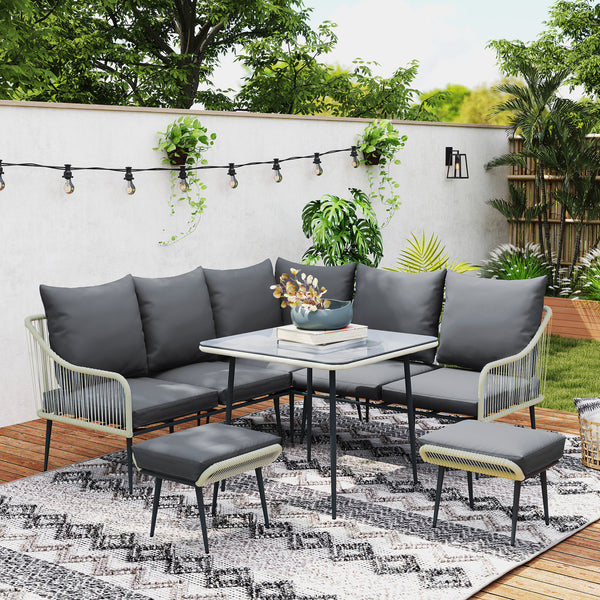 6 Piece Garden Furniture Set, Garden Corner Sofa Set with Thickened Cushions, Outdoor Patio Furniture Set with Glass Top Table, Footstools for Conservatory, Light Grey