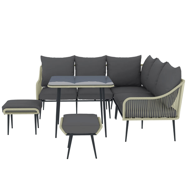 6 Piece Garden Furniture Set, Garden Corner Sofa Set with Thickened Cushions, Outdoor Patio Furniture Set with Glass Top Table, Footstools for Conservatory, Light Grey