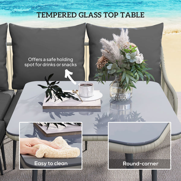 6 Piece Garden Furniture Set, Garden Corner Sofa Set with Thickened Cushions, Outdoor Patio Furniture Set with Glass Top Table, Footstools for Conservatory, Light Grey