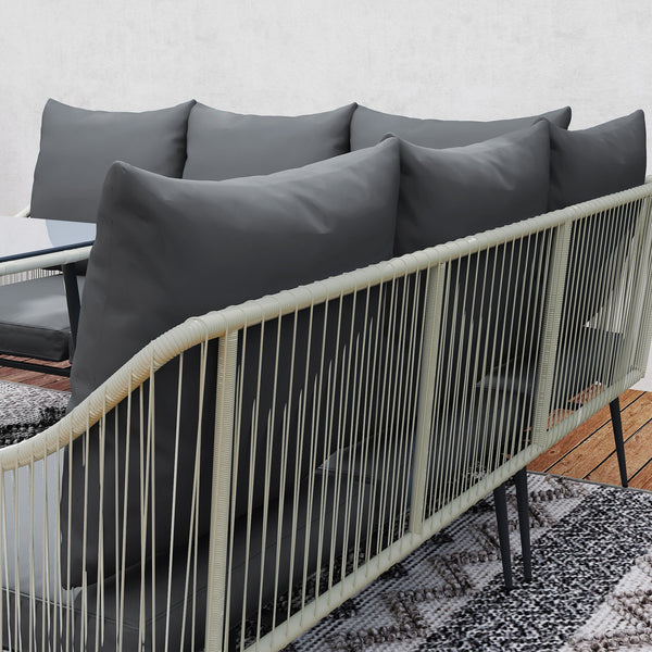 6 Piece Garden Furniture Set, Garden Corner Sofa Set with Thickened Cushions, Outdoor Patio Furniture Set with Glass Top Table, Footstools for Conservatory, Light Grey