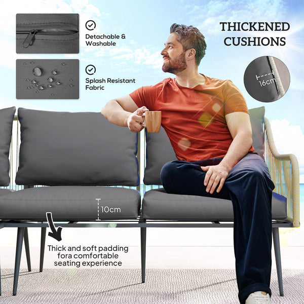 6 Piece Garden Furniture Set, Garden Corner Sofa Set with Thickened Cushions, Outdoor Patio Furniture Set with Glass Top Table, Footstools for Conservatory, Light Grey