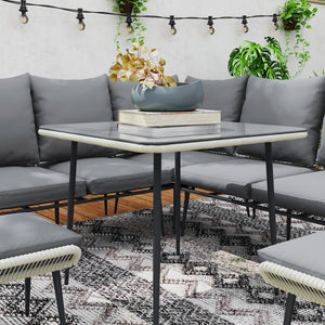6 Piece Garden Furniture Set, Garden Corner Sofa Set with Thickened Cushions, Outdoor Patio Furniture Set with Glass Top Table, Footstools for Conservatory, Light Grey