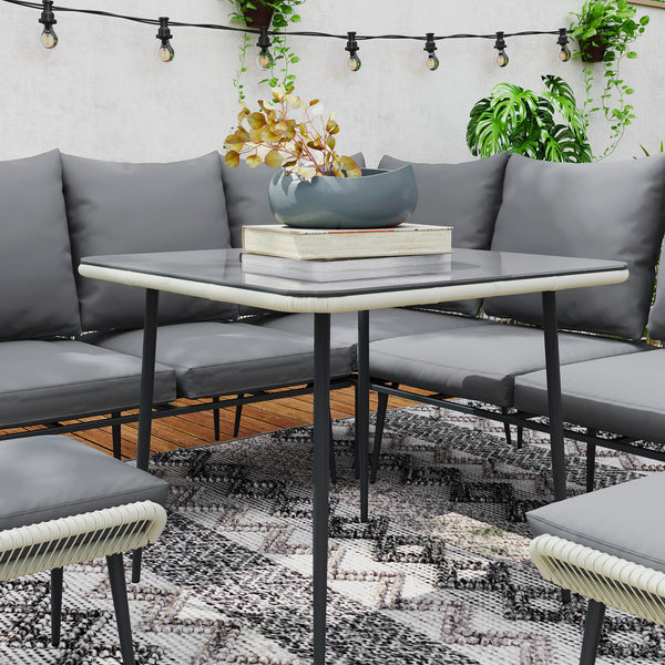 6 Piece Garden Furniture Set, Garden Corner Sofa Set with Thickened Cushions, Outdoor Patio Furniture Set with Glass Top Table, Footstools for Conservatory, Light Grey