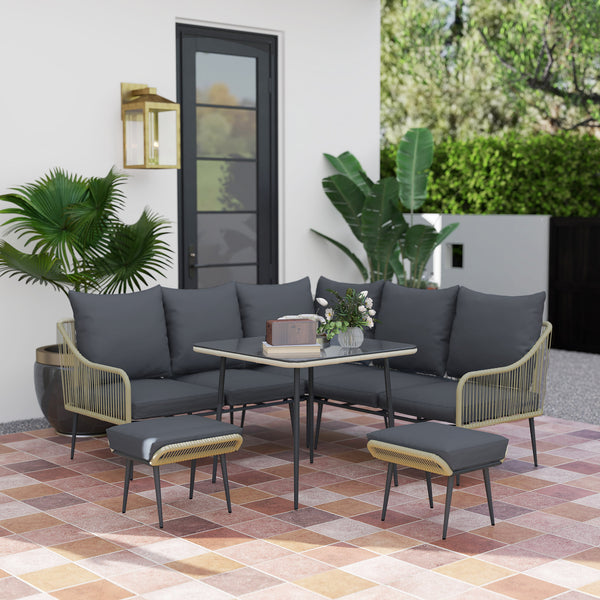 6 Piece Garden Furniture Set, Garden Corner Sofa Set with Thickened Cushions, Outdoor Patio Furniture Set with Glass Top Table, Footstools for Conservatory, Light Grey