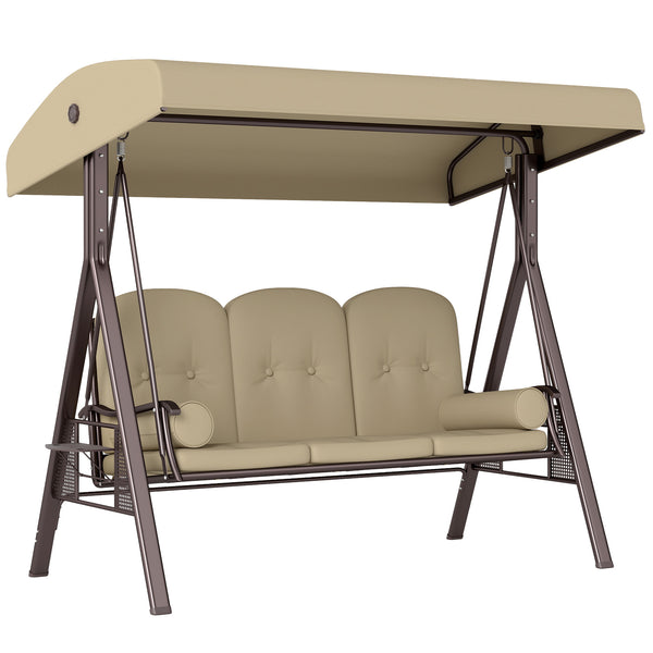 3 Seater Canopy Swing Chair, Outdoor Garden Swing Seat with Adjustable Canopy, Cushions and Cup Trays, Steel Frame, Brown