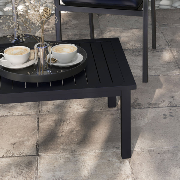 Aluminium Outdoor Coffee Table, Rectangular Patio Side Table with Wood Grain Effect and Slat Tabletop for Indoor, Garden, Balcony, 100cm x 60cm, Black