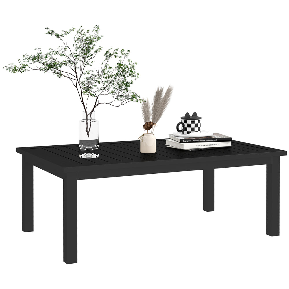 Aluminium Outdoor Coffee Table, Rectangular Patio Side Table with Wood Grain Effect and Slat Tabletop for Indoor, Garden, Balcony, 100cm x 60cm, Black