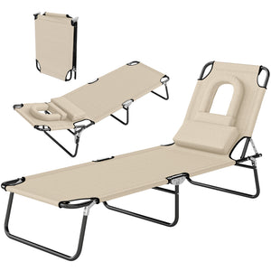 Adjustable Outdoor Lounge Chair, Garden Folding Chaise Lounge with Face Hole Reclining Tanning Chair Seat, Folding Camping Beach Lounging Bed w/ Support Pillow, Beige