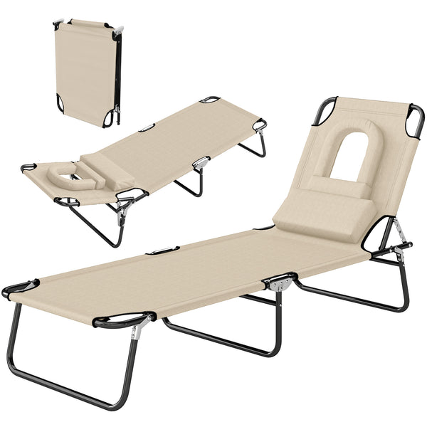Adjustable Outdoor Lounge Chair, Garden Folding Chaise Lounge with Face Hole Reclining Tanning Chair Seat, Folding Camping Beach Lounging Bed w/ Support Pillow, Beige