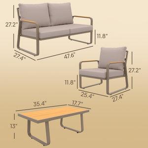 4 Piece Patio Furniture Set, Outdoor Conversation Set with Loveseat, 2 Armchairs, Coffee Table and Cushions, Garden Furniture with Metal Frame for Poolside Porch, Brown