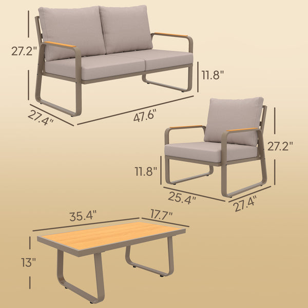 4 Piece Patio Furniture Set, Outdoor Conversation Set with Loveseat, 2 Armchairs, Coffee Table and Cushions, Garden Furniture with Metal Frame for Poolside Porch, Brown
