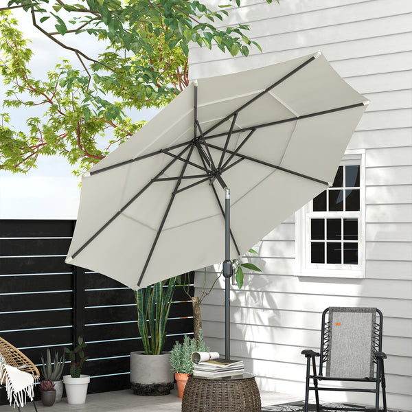 Outsunny 9FT 3 Tiers Patio Umbrella Outdoor Market Umbrella with Crank, Push Button Tilt for Deck, Backyard and Lawn, Beige