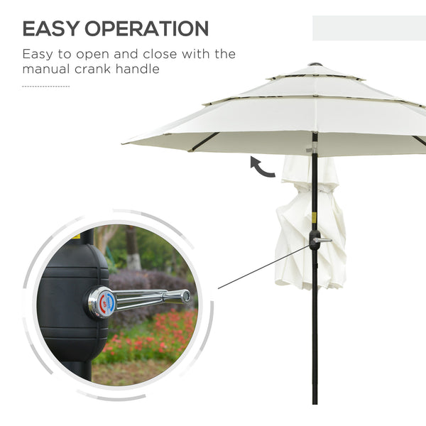 Outsunny 9FT 3 Tiers Patio Umbrella Outdoor Market Umbrella with Crank, Push Button Tilt for Deck, Backyard and Lawn, Beige