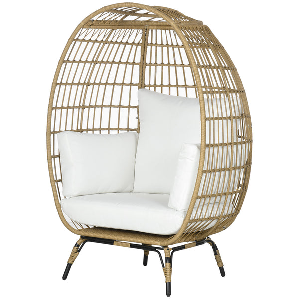 Oversized Garden Egg Chair, Outdoor Wicker PE Rattan Chair with Thickened Padded Cushions and Pillows for Balcony, Porch, Khaki
