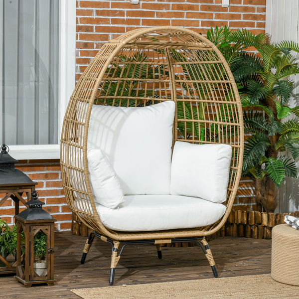 Oversized Garden Egg Chair, Outdoor Wicker PE Rattan Chair with Thickened Padded Cushions and Pillows for Balcony, Porch, Khaki