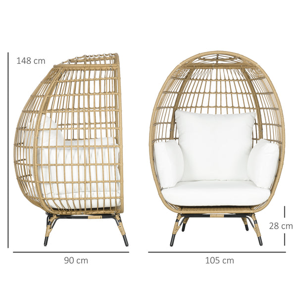 Oversized Garden Egg Chair, Outdoor Wicker PE Rattan Chair with Thickened Padded Cushions and Pillows for Balcony, Porch, Khaki
