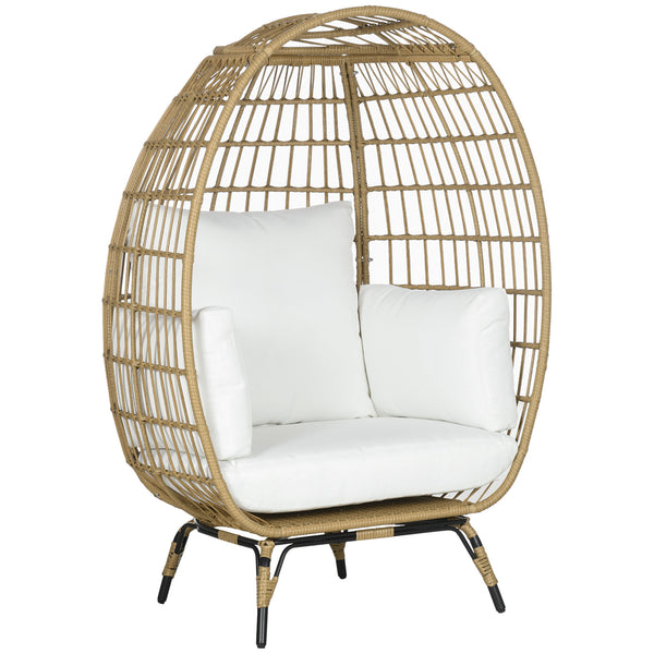 Oversized Garden Egg Chair, Outdoor Wicker PE Rattan Chair with Thickened Padded Cushions and Pillows for Balcony, Porch, Khaki