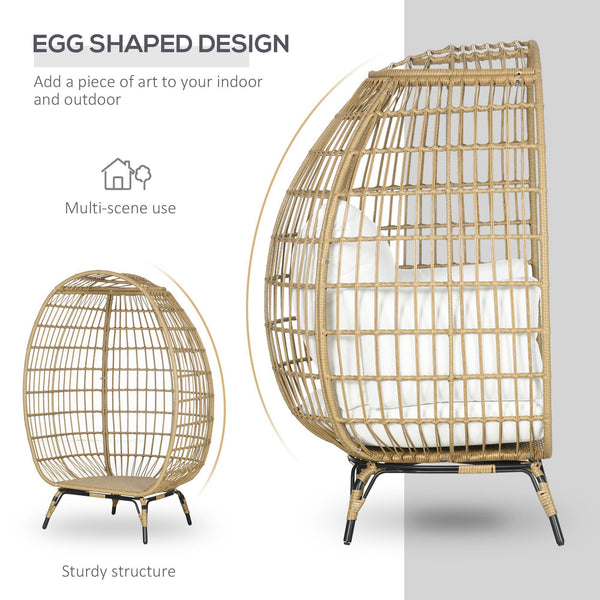 Oversized Garden Egg Chair, Outdoor Wicker PE Rattan Chair with Thickened Padded Cushions and Pillows for Balcony, Porch, Khaki