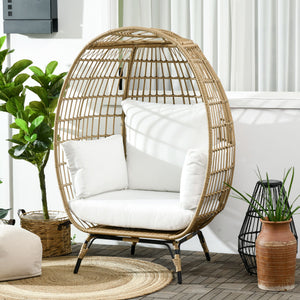 Oversized Garden Egg Chair, Outdoor Wicker PE Rattan Chair with Thickened Padded Cushions and Pillows for Balcony, Porch, Khaki