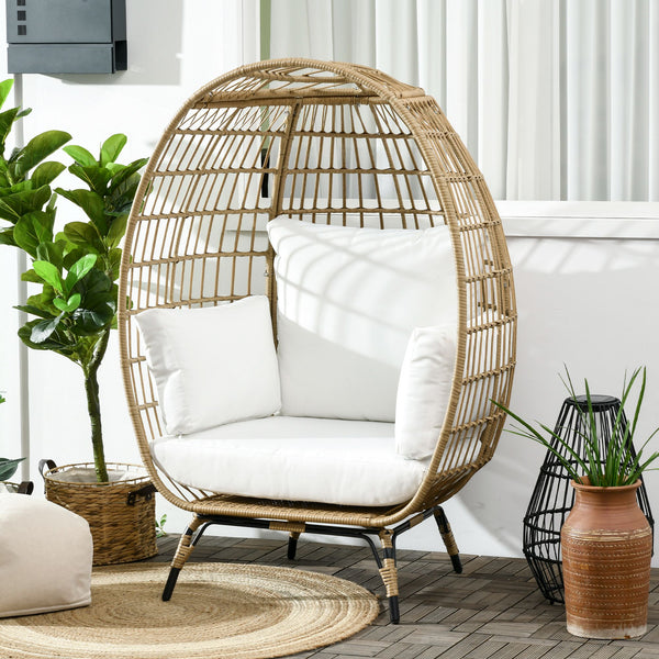Oversized Garden Egg Chair, Outdoor Wicker PE Rattan Chair with Thickened Padded Cushions and Pillows for Balcony, Porch, Khaki