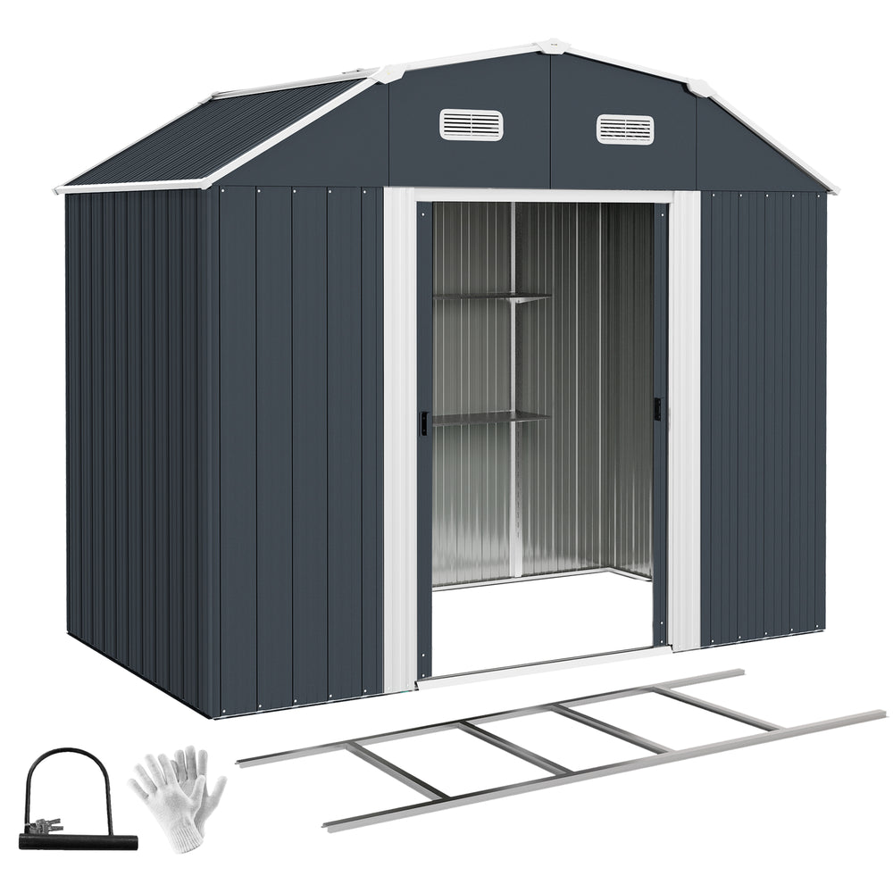 8' x 4' Galvanized Garden Shed with Adjustable Shelves and Foundation Kit, Outdoor Metal Shed with Double Sliding Doors and Vents for Lawn, Patio, Dark Grey