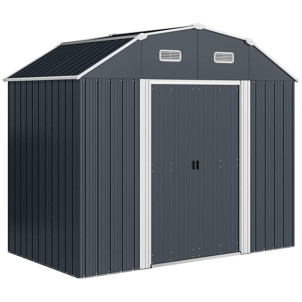 8' x 4' Galvanized Garden Shed with Adjustable Shelves and Foundation Kit, Outdoor Metal Shed with Double Sliding Doors and Vents for Lawn, Patio, Dark Grey