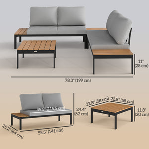 4 Piece L Shaped Garden Furniture Set, 4 Seater Outdoor Corner Garden Set, 2 Loveseats with Removable Backs, 2 Wood-Plastic Coffee Tables and Thick Cushions, Teak