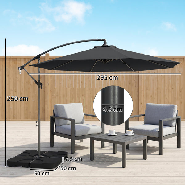 3 m Cantilever Parasol with Umbrella Weights, Cross Base, Offset Outdoor Umbrella with Protective Cover, Crank Handle, Hanging Sun Shade, Black
