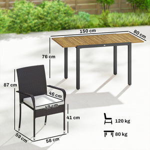 7 Piece Rattan Garden Furniture Set, 6 Seater Garden Table and 6 Stackable Chairs with Extendable Acacia Wood Tabletop, All-Weather Outdoor Furniture with Cushions for Patio, Cream White