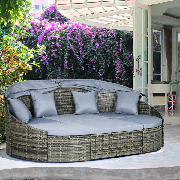 Outsunny 4-Piece Outdoor Rattan Furniture Set, Round Convertible Patio Daybed or Sunbed, Sectional Sofa with Canopy, Pillows, Cushions, Footrest, Table, PE Plastic Wicker, Light Gray