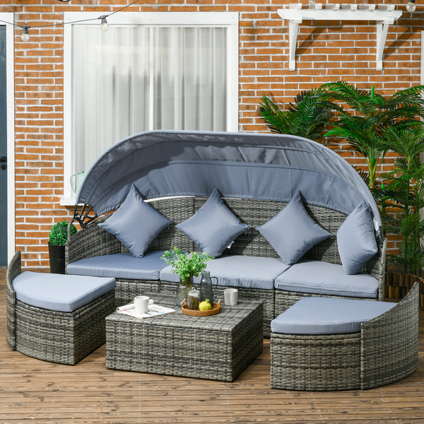 Outsunny 4-Piece Outdoor Rattan Furniture Set, Round Convertible Patio Daybed or Sunbed, Sectional Sofa with Canopy, Pillows, Cushions, Footrest, Table, PE Plastic Wicker, Light Gray