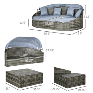 Outsunny 4-Piece Outdoor Rattan Furniture Set, Round Convertible Patio Daybed or Sunbed, Sectional Sofa with Canopy, Pillows, Cushions, Footrest, Table, PE Plastic Wicker, Light Gray