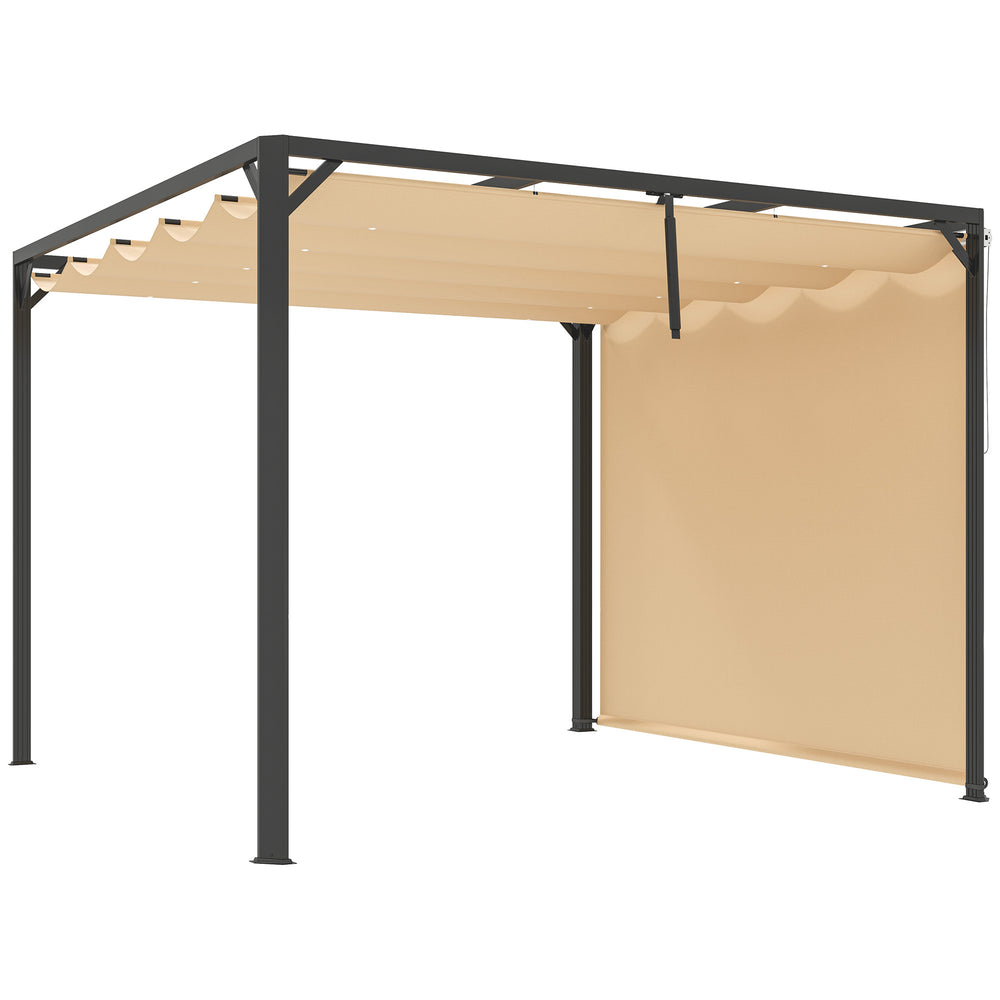 3 x 3(m) Garden Pergola with Retractable Roof Canopy and Roller Shade, Aluminium Pergola Kit Gazebo, UPF30+ Sun Shade Shelter for Deck, Porch, Khaki