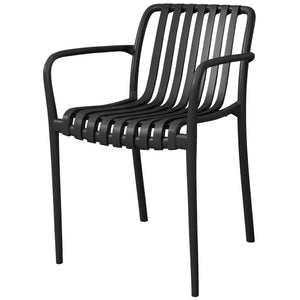 Stackable Patio Chairs Set of 4, Outdoor Patio Dining Chairs with Curved Backrest, Slatted Seat and Armrest for Indoor, Outdoor, Balcony, Deck, Garden,  Plastic, Black