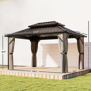 10' x 14' Hardtop Gazebo with UPF50+ Double Galvanized Steel Roof Canopy, Aluminum Frame Permanent Outdoor Gazebo with Curtains and Netting, Ceiling Hooks, Brown