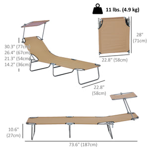 Outdoor Lounge Chair, Adjustable Folding Chaise Lounge, Tanning Chair with Sun Shade for Beach, Camping, Hiking, Backyard, Brown