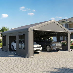 20' x 20' Heavy Duty Carport, Portable Garage Car Canopy Tent with Reinforced Galvanized Frame, 3 Roll-up Doors, 4 Mesh Windows for Cars, Trucks, Boats, Motorcycle, Bike, Dark Gray